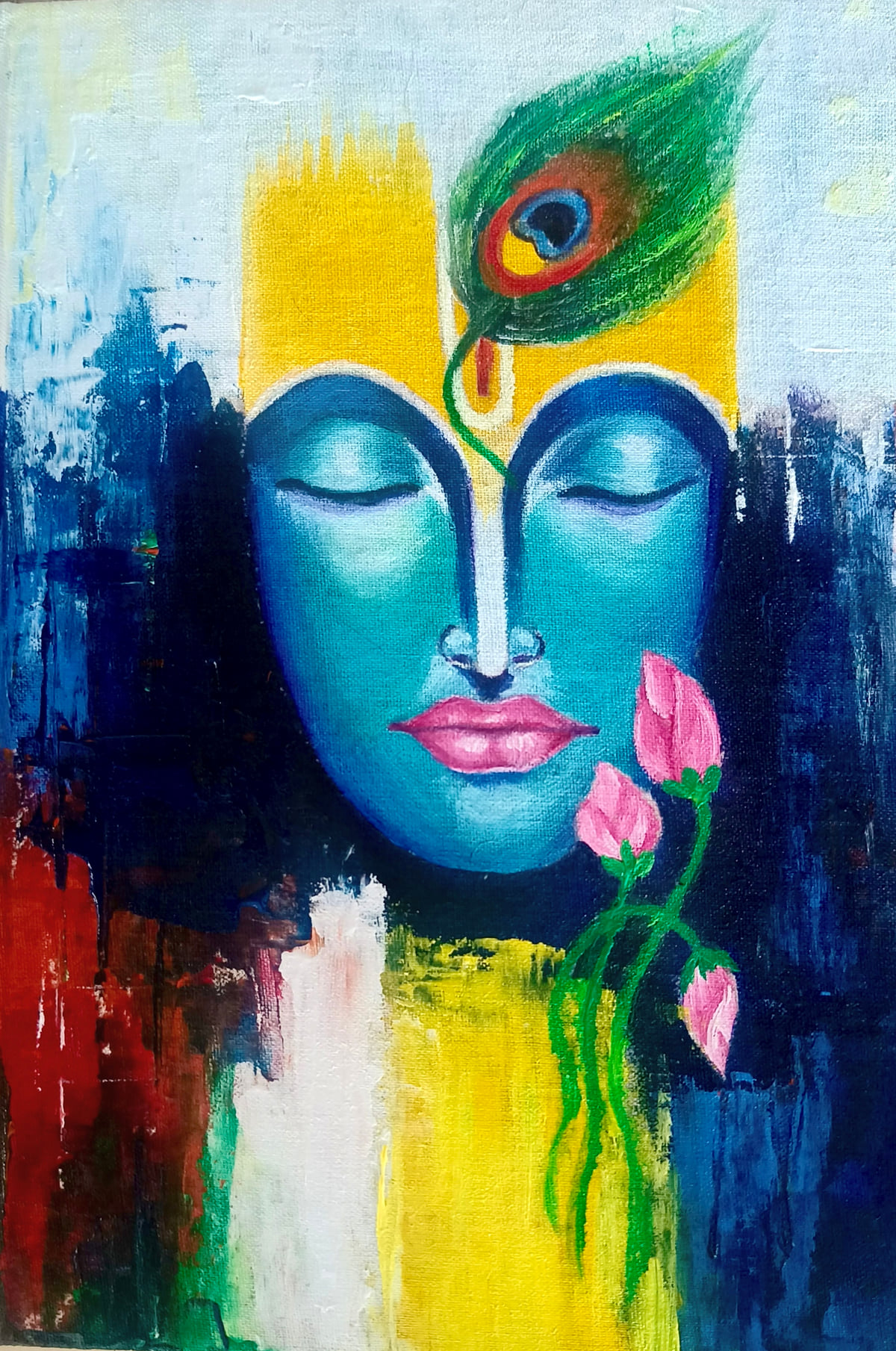 Hand-painted acrylic journal cover: a serene blue face of Lord Krishna with closed eyes and a peacock feather, pink lotus buds, on bold abstract strokes of yellow, blue and red