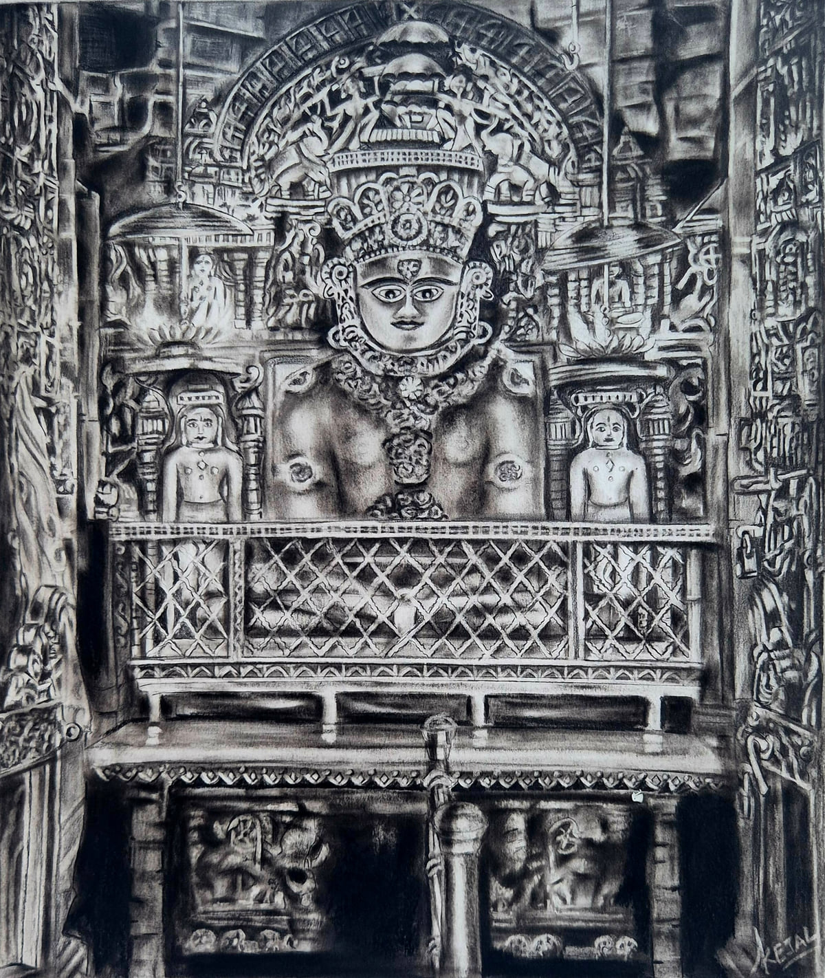 Detailed charcoal drawing of an ornate carved temple shrine with a seated deity and smaller figures on either side