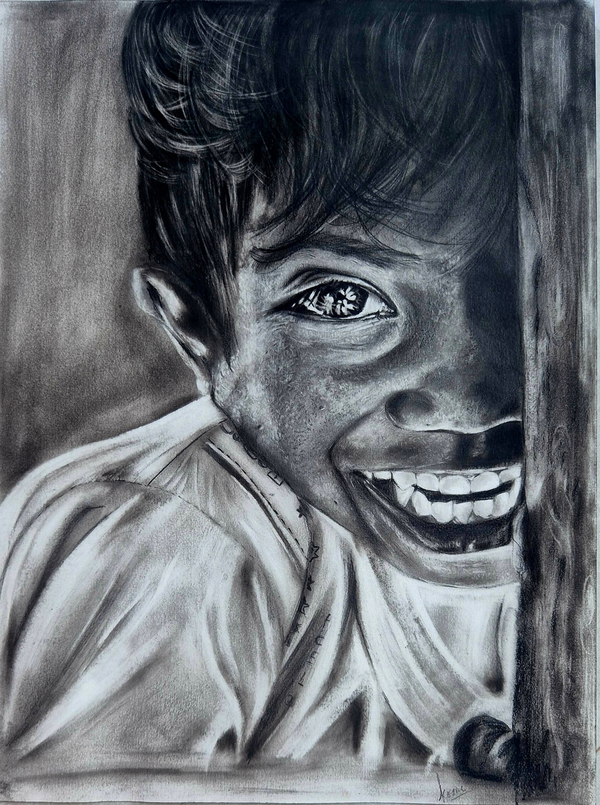 Charcoal portrait of a grinning boy peeking out from behind a door, half of his face in deep shadow