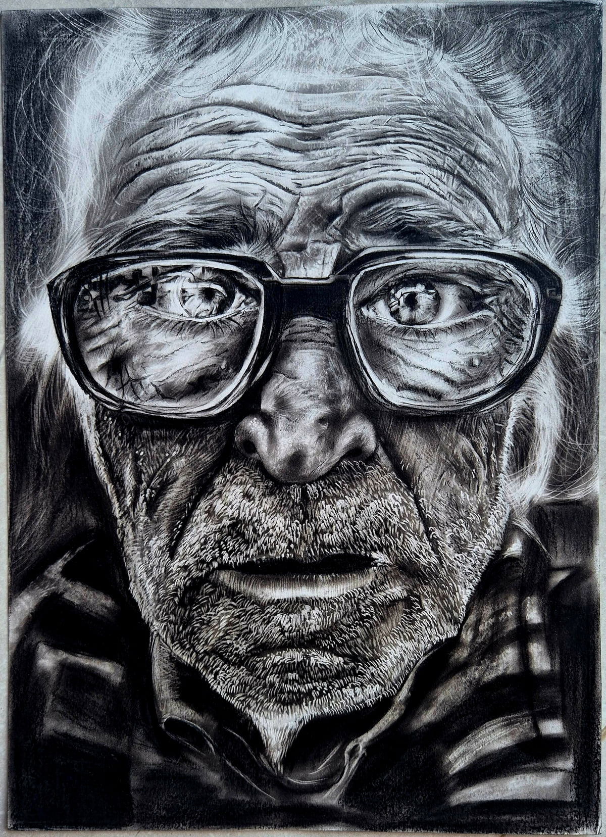 Hyper-detailed charcoal portrait of an elderly man with thick-framed glasses and a deeply lined face