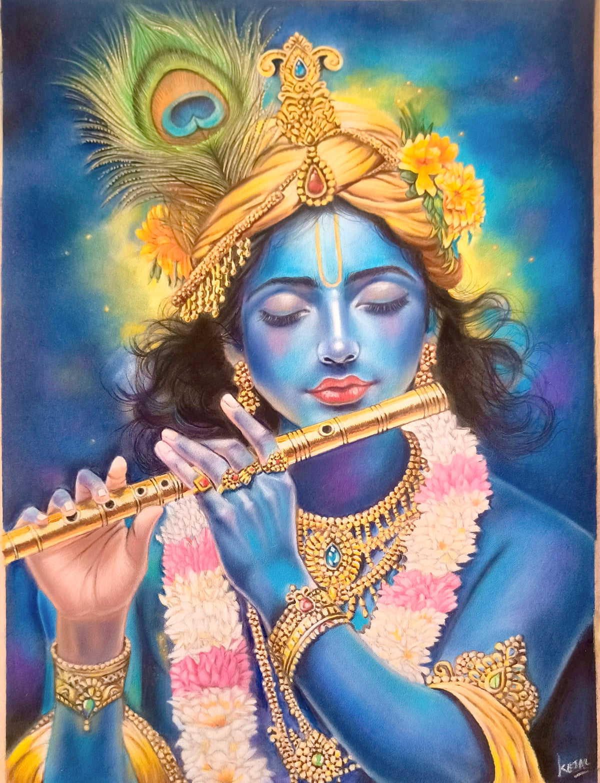 Soft pastel painting of blue-skinned Krishna playing the flute, with a peacock feather crown, gold jewellery and garlands of flowers