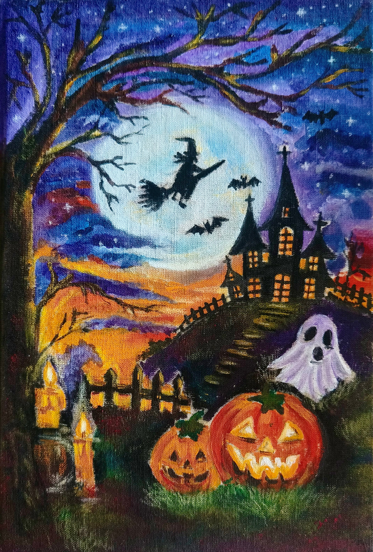 Hand-painted acrylic journal cover: a witch flying across a full moon above a spooky manor, bats, a bare tree, a little ghost and glowing jack-o’-lanterns under a purple and orange sky