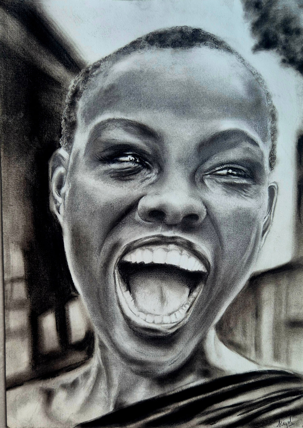 Charcoal and graphite portrait of a young woman with close-cropped hair, laughing with her mouth wide open