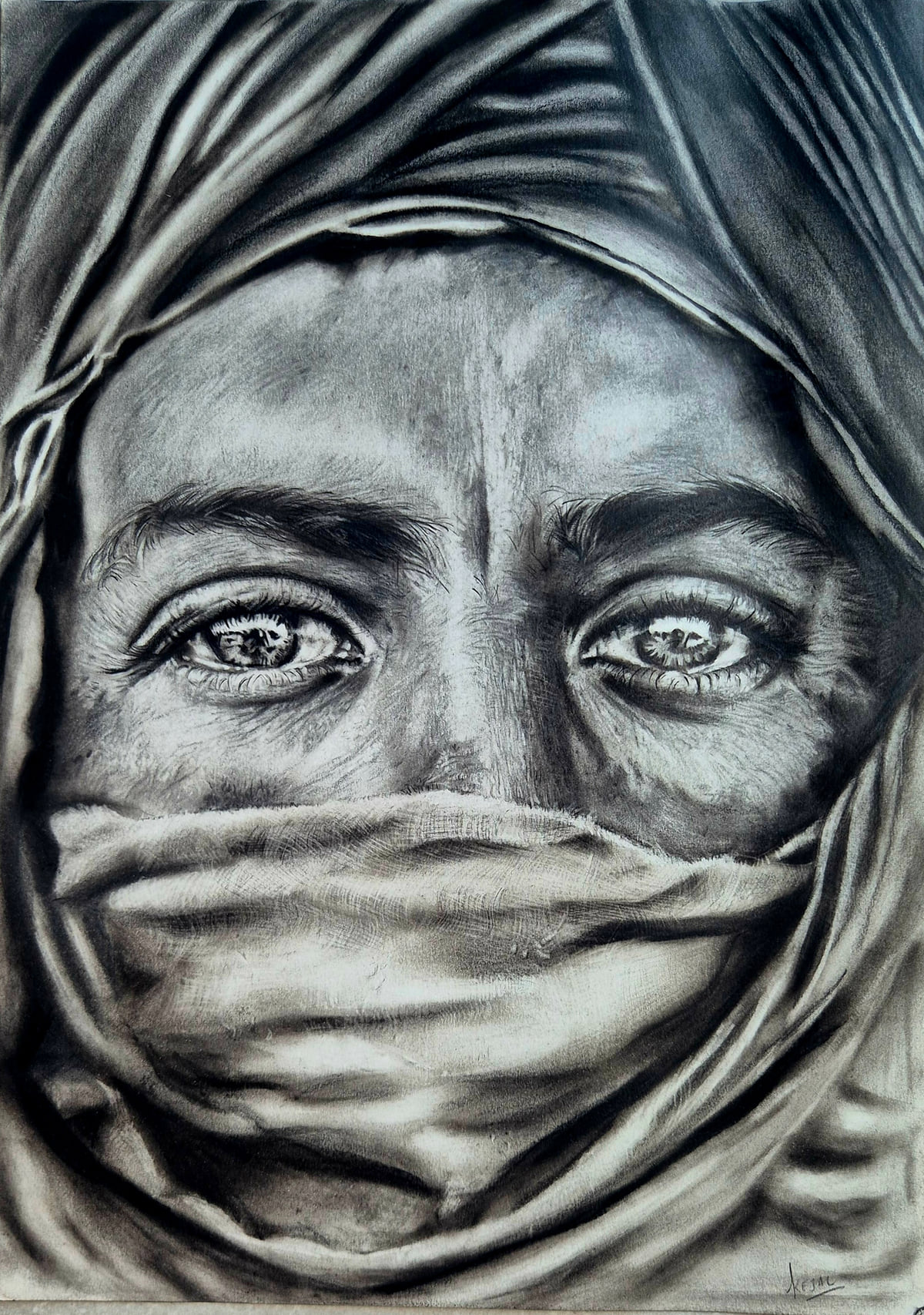 Charcoal portrait of a person whose head and lower face are wrapped in cloth, leaving only piercing eyes visible