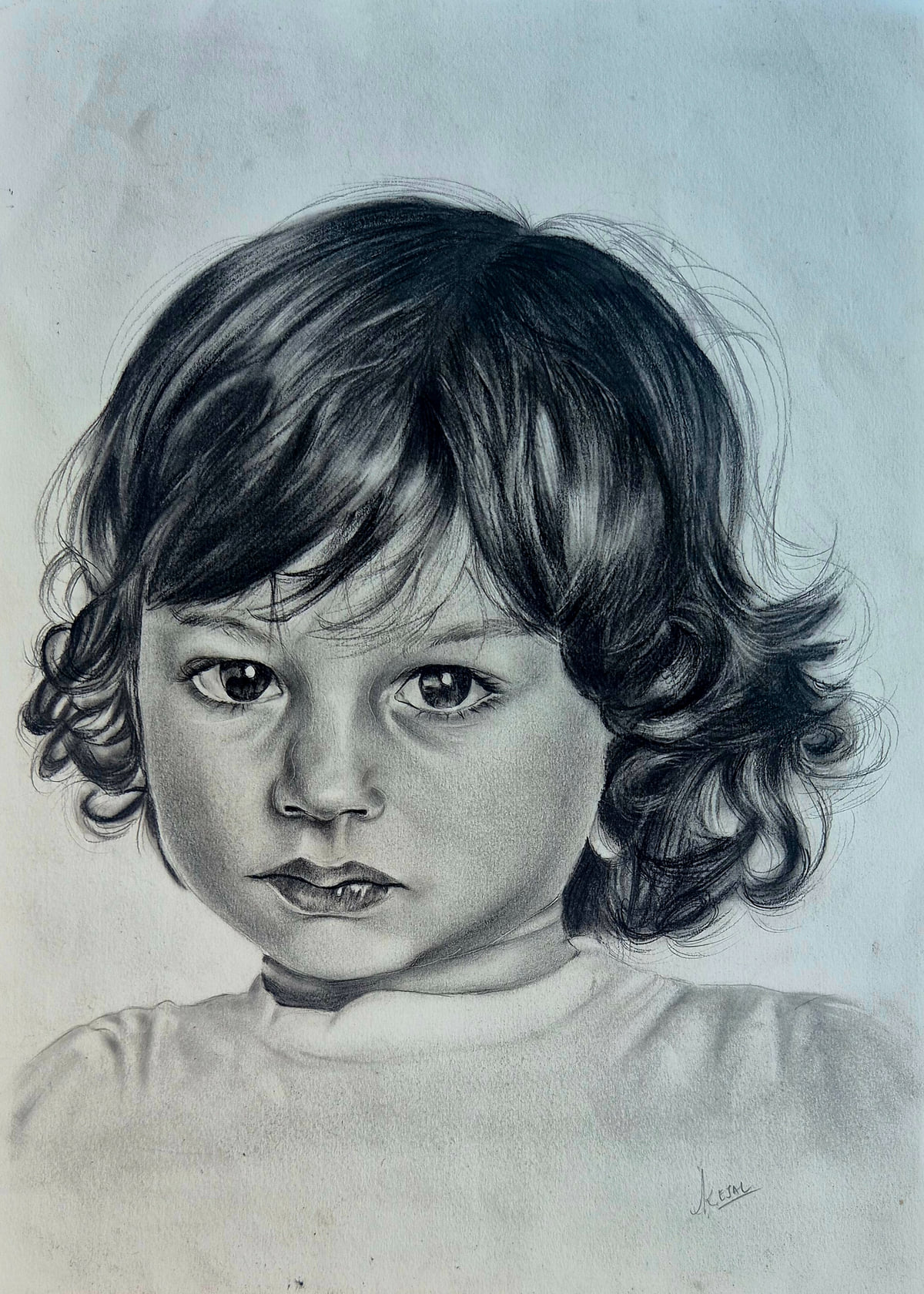 Charcoal and graphite portrait of a small child with soft curly hair and a serious, thoughtful look