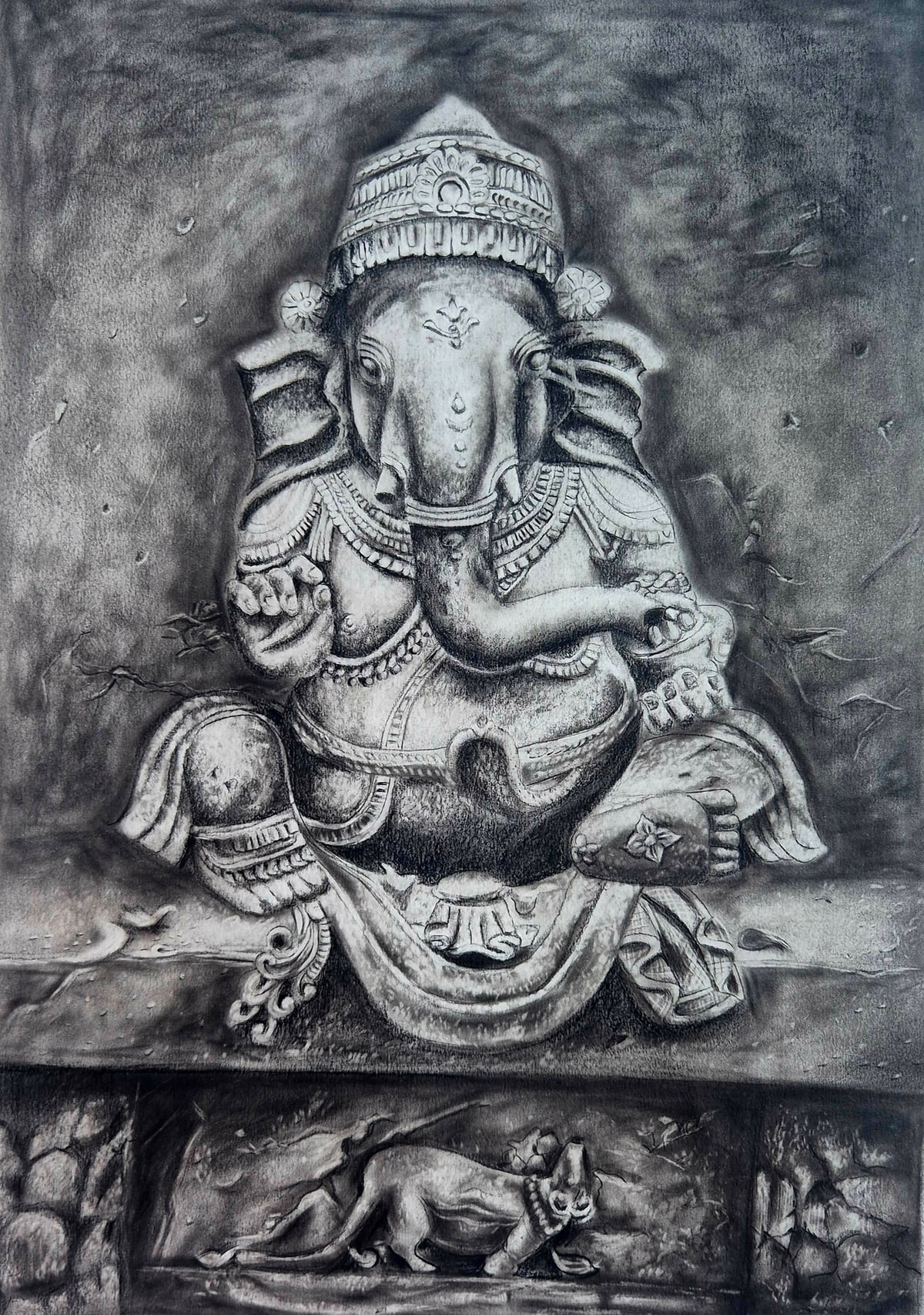 Charcoal drawing of a carved stone idol of Lord Ganesha seated on a pedestal