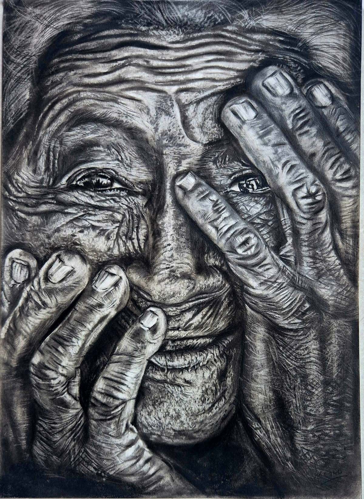Charcoal portrait of an elderly woman smiling, her wrinkled hands raised to her face and covering one eye