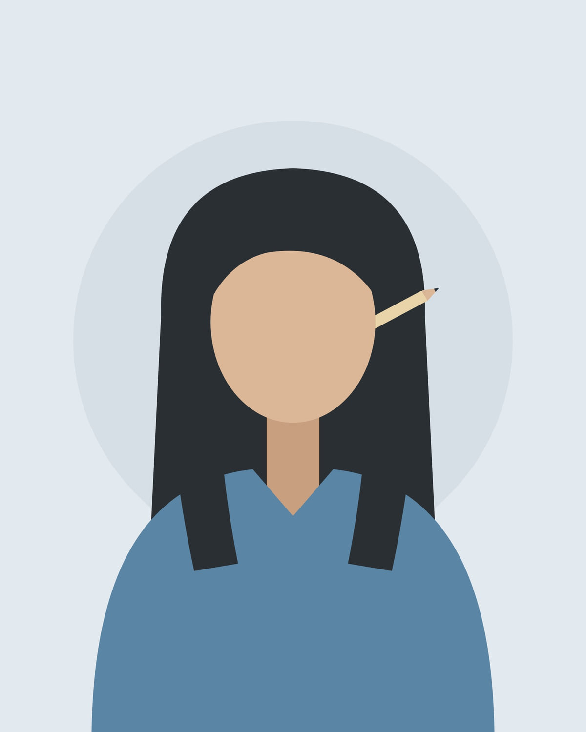An illustrated avatar standing in for a photo of Kejal, with long dark hair and a pencil tucked behind her ear